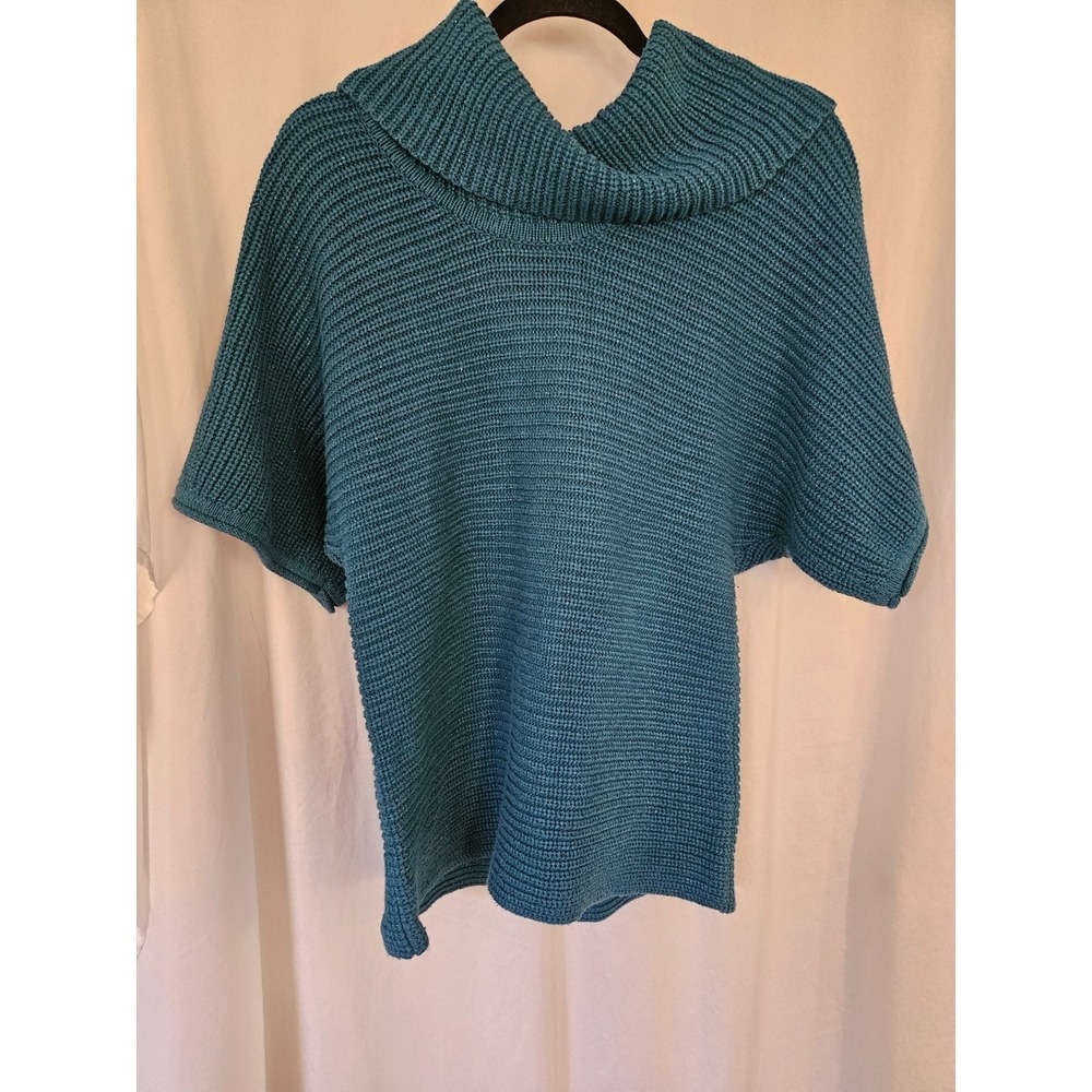 Coldwater Creek Sweater Teal W Silver Tinsel Short Dolman Sleeve Cowl Neck Sz 10
